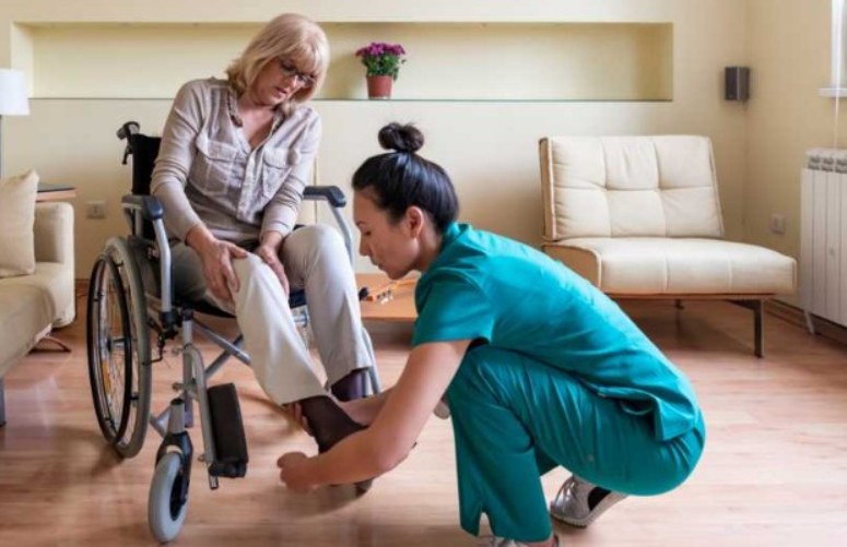 Una cuidadora ayuda a una señora en silla de ruedas en el living de su casa